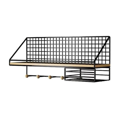 Black Wall Hanging Organizer Shelf for Everyday Use - black iron frame with solid wood base, wall-mounted shelf with hooks and mail rack for entryway