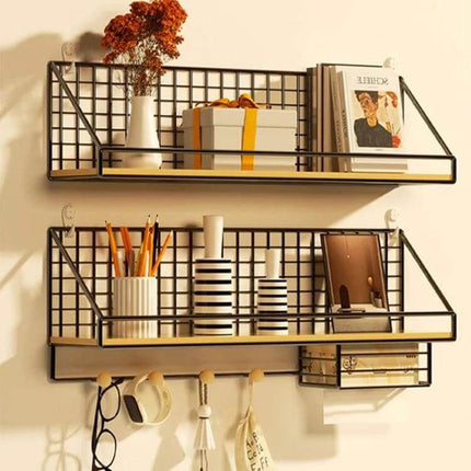 Black Wall Hanging Organizer Shelf for Everyday Use - iron frame with solid wood base storing keys, mail, decor on wall