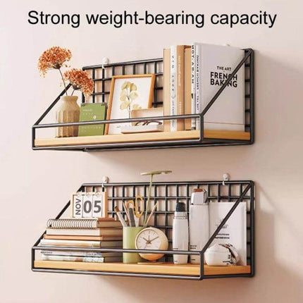 Black Wall Hanging Organizer Shelf for Everyday Use shown mounted with iron frame, solid-wood base holding books, decor, keys and small items