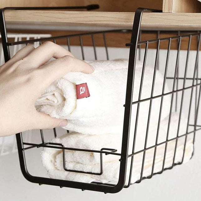 Closet Hanging Storage Basket For Closet Organization Black - black wrought iron hanging basket storing towels under shelf, guardrail prevents slipping