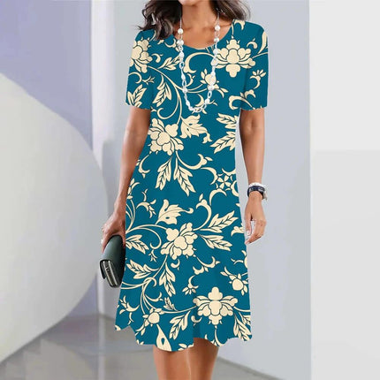 Blue 3D Floral Mid-Length Party Dress With Princess Sleeves in teal floral PVC fabric, 3/4 princess sleeves and structured mid skirt silhouette