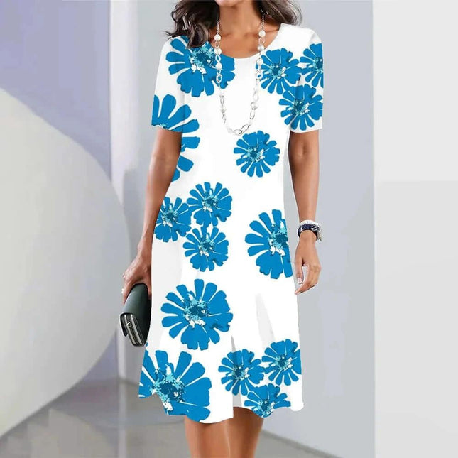 Blue 3D Floral Mid-Length Party Dress With Princess Sleeves modeled with blue floral PVC texture, 3/4 princess sleeves, and mid skirt silhouette