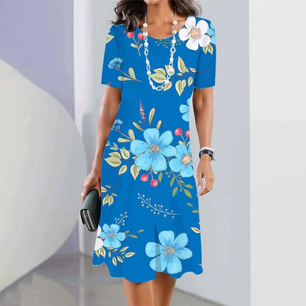 Blue 3D Floral Mid-Length Party Dress With Princess Sleeves in textured floral PVC, 3/4 princess sleeves, mid skirt for evening events
