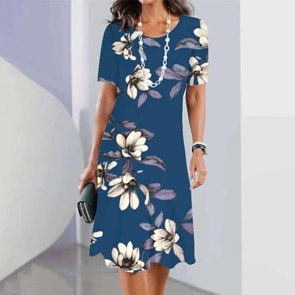 Blue 3D Floral Mid-Length Party Dress With Princess Sleeves worn with necklace and clutch, textured floral print, mid-length silhouette for evening events