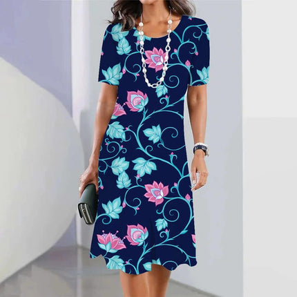 Blue 3D Floral Mid-Length Party Dress With Princess Sleeves in navy floral textured fabric, 3/4 princess sleeves, structured mid skirt silhouette