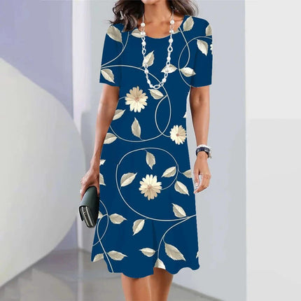 Blue 3D Floral Mid-Length Party Dress With Princess Sleeves - textured floral PVC fabric, 3/4 princess sleeves, structured mid skirt for evening events