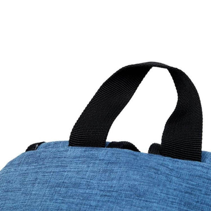 Outdoor Casual Notebook Tablet Backpack With Anti Theft Pocket close-up of top carry handle and blue fabric