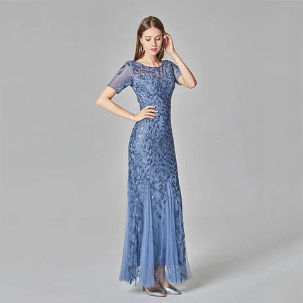 Evening Dress Floor-Length For Formal Occasions You Can Wear - blue lace embroidered round-neck floor-length gown with short sleeves, shawl and neutral heels-ready look