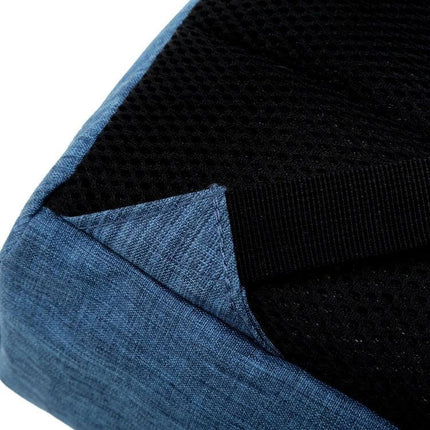 Outdoor Casual Notebook Tablet Backpack With Anti Theft Pocket close-up of blue fabric corner and breathable black back panel, detail shot of stitching and strap