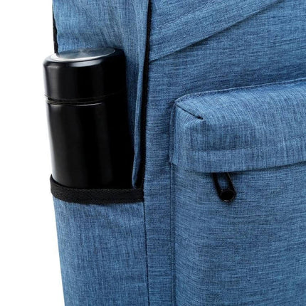 Outdoor Casual Notebook Tablet Backpack With Anti Theft Pocket side pocket holding a water bottle and front zip pocket in blue fabric
