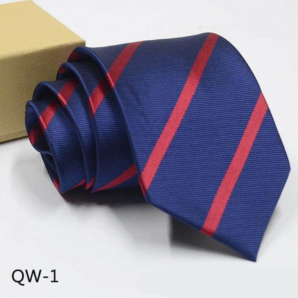 Business Dress Tie For Men Striped Polyester 8cm Width - navy blue with red woven diagonal stripes, jacquard texture, classic arrow tip