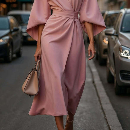 Loose Batwing Sleeve Belted Dress For Everyday Casual Wear in pink polyester with detachable belt and wide batwing sleeves on city street