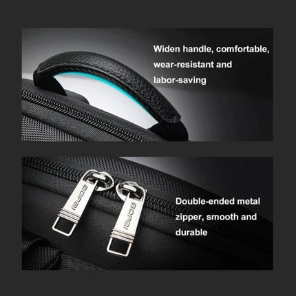 Bopai First-Layer Cowhide Laptop Backpack Waterproof For Business Commute showing widened leather handle and double-ended metal zippers