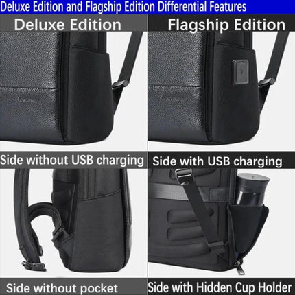 Bopai First-Layer Cowhide Laptop Backpack Waterproof For Business Commute showing deluxe vs flagship side features, USB charging port and hidden cup holder