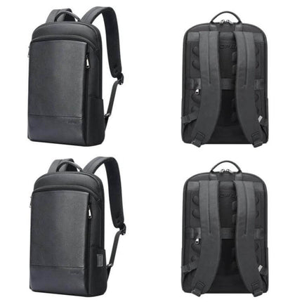 Bopai First-Layer Cowhide Laptop Backpack Waterproof For Business Commute sleek black front and back views showing pockets and padded straps