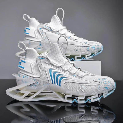 Boys Basketball Blade Sneakers Black Everyday Wear - white and blue flying weave upper with rubber sole for kids gym and casual play