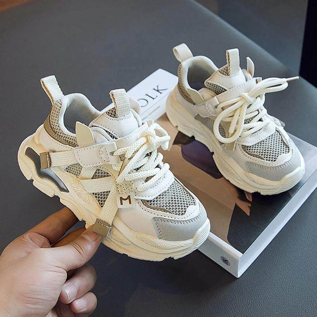 Boys' Fashion Simple Hollow Mesh Sneakers Beige Everyday - breathable beige kids sneakers with Velcro strap and laces for school and play