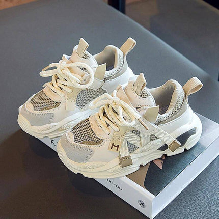 Boys' Fashion Simple Hollow Mesh Sneakers Beige Everyday - breathable beige sneakers with microfiber and mesh upper, Velcro and lace for active kids
