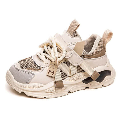 Boys' Fashion Simple Hollow Mesh Sneakers Beige Everyday - breathable beige kids sneakers with Velcro strap and lace-up for school and play