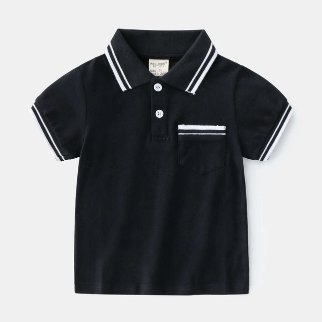 Boys' Summer Polo Shirt, Short-Sleeve Casual Tee For Everyday Wear - black cotton polo with contrasting white trim and chest pocket