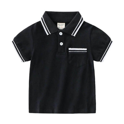 Boys' Summer Polo Shirt, Short-Sleeve Casual Tee For Everyday Wear - black cotton polo with white trim and chest pocket
