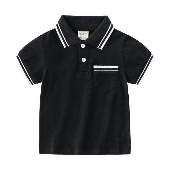 Boys' Summer Polo Shirt, Short-Sleeve Casual Tee For Everyday Wear - black cotton polo with white trim and chest pocket