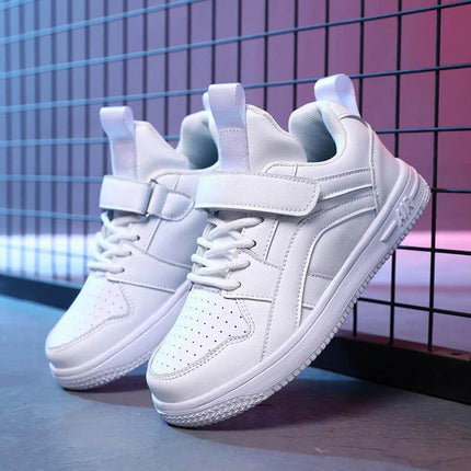 Alt Tag: Boys Sneakers Breathable For School And Play Everyday white synthetic leather Velcro kids shoes lightweight rubber outsole