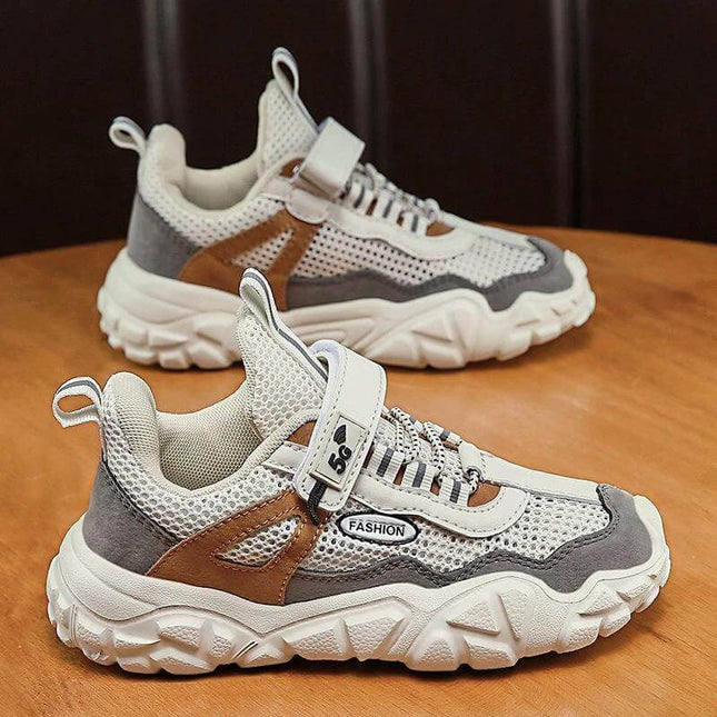 Boys Casual Shoes Breathable Mesh For Everyday Wear - white grey brown breathable mesh sneakers with EVA sole for school and play