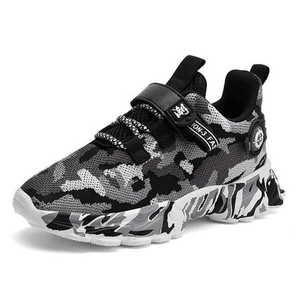 Boys Breathable Mesh Sneakers For Everyday Play Black lightweight ventilated camo sneaker with rubber sole for school and playground