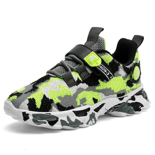 Boys Breathable Mesh Sneakers For Everyday Play Black - lightweight black/green camo mesh sneaker with rubber sole for school and playground