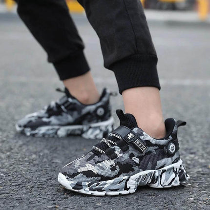 Boys Breathable Mesh Sneakers For Everyday Play Black lightweight camo mesh kids sneakers with rubber sole for school and playground
