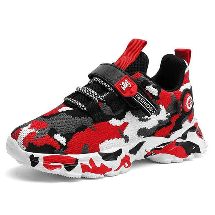Boys Breathable Mesh Sneakers For Everyday Play Black red and black camo kids sneaker with breathable mesh upper and rubber sole