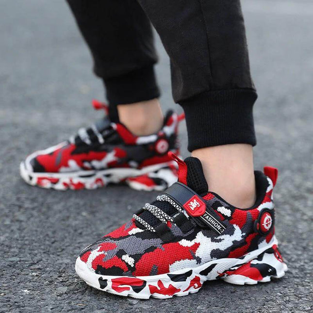 Boys Breathable Mesh Sneakers For Everyday Play Black - lightweight ventilated black sneaker with red camo accents for school and playground