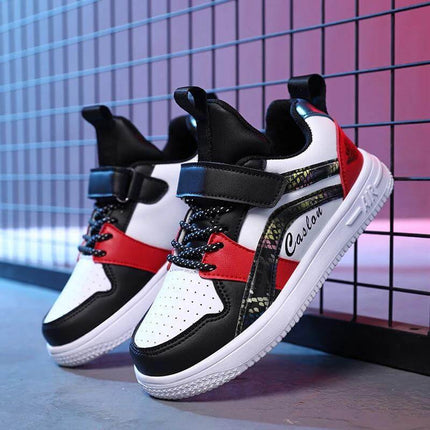 Boys Sneakers Breathable For School And Play Everyday - black red synthetic leather Velcro kids sneakers for classroom and playground