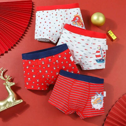 Boys Cartoon Cotton Boxer Shorts With Dinosaur Print - 4-pack cotton boxer briefs with dinosaur and nautical prints, elastic waist for active kids