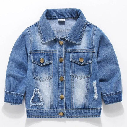 Children's Denim Jacket Patch Long Sleeve 3 To 8 Years - boys blue soft-treated denim jacket with patch accents and button front