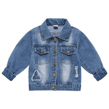 Children's Denim Jacket Patch Long Sleeve 3 To 8 Years - boys' soft-treated denim jacket with patch accents, lapel collar and long sleeves for spring/autumn