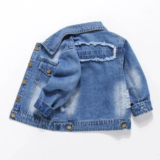 Children's Denim Jacket Patch Long Sleeve 3 To 8 Years - boys soft-treated denim jacket with patch accents, lapel collar and long sleeves for spring/autumn