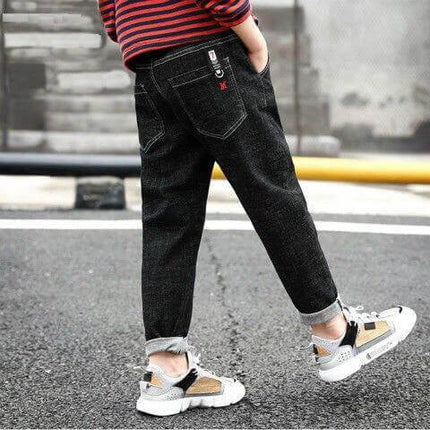 Boys' Denim Trousers With Letter Pattern For Everyday Wear - black kids jeans for heights 110–150 cm, lightweight polyvinyl alcohol fabric, casual school play