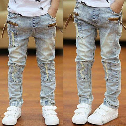 Boys' Denim Trousers With Letter Pattern For Everyday Wear - light denim school trousers for active kids, sizes 110–150 cm