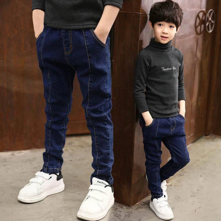 Boys' Denim Trousers With Letter Pattern For Everyday Wear - blue denim kids trousers with letter print, sizes 110–150 cm, casual school wear