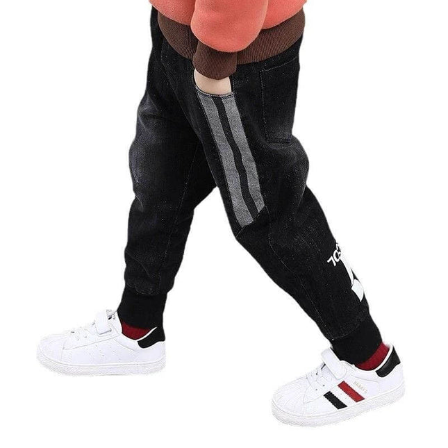 Boys' Denim Trousers With Letter Pattern For Everyday Wear - black lightweight polyvinyl trousers with letter print, sizes 110–150 cm