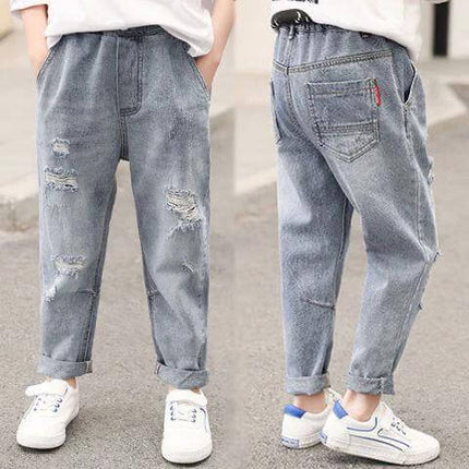 Boys' Denim Trousers With Letter Pattern For Everyday Wear - lightweight polyvinyl denim, sizes 110–150 cm, casual school pants with letter print