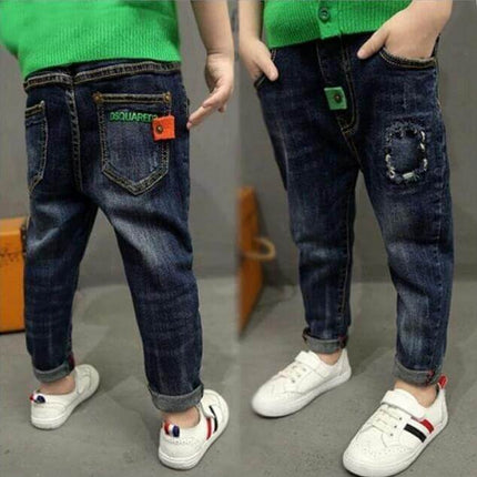 Boys' Denim Trousers With Letter Pattern For Everyday Wear - dark washed kids jeans with letter print, lightweight polyvinyl for school and play