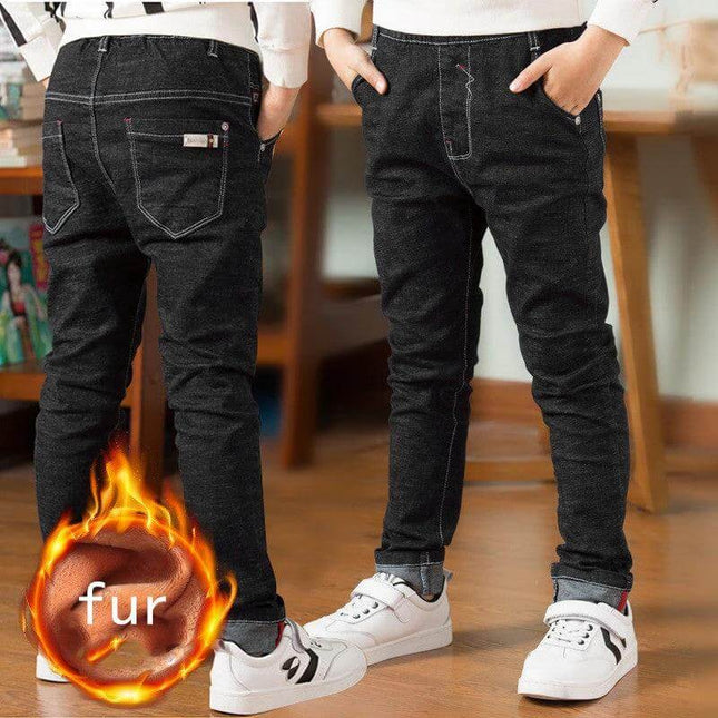 Boys Jeans Fleece-Lined For Winter Everyday Casual Wear - black fleece-lined denim for active kids aged 3–8, warm cotton denim pants