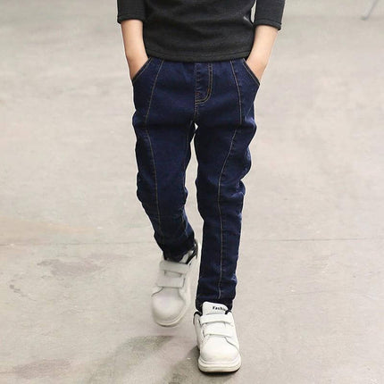 Children's Stretch Denim Trousers, High-Waist, Blue Stripe, 110-160 cm - boys high-waist blue stripe stretch denim trousers with elastic waistband