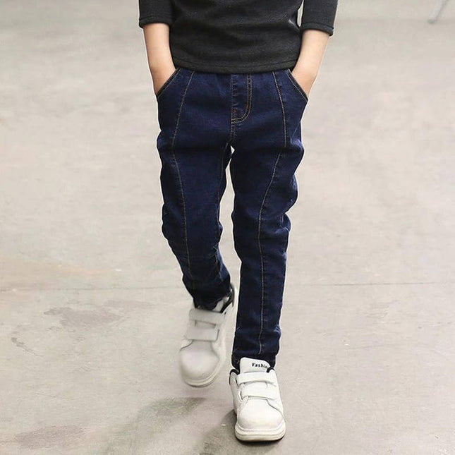 Children's Stretch Denim Trousers, High-Waist, Blue Stripe, 110-160 cm - boys high-waist blue stripe stretch denim trousers with elastic waistband