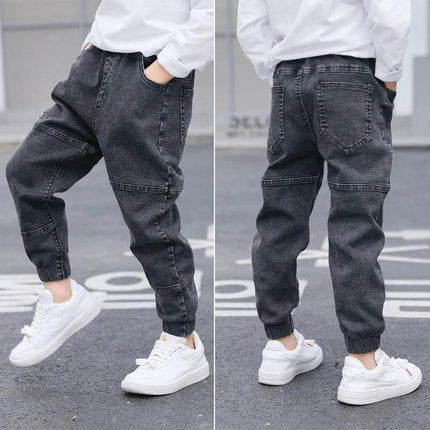 Boys' Jeans Korean Style For Everyday Play And Comfort - charcoal denim jogger jeans for active kids, front and back view