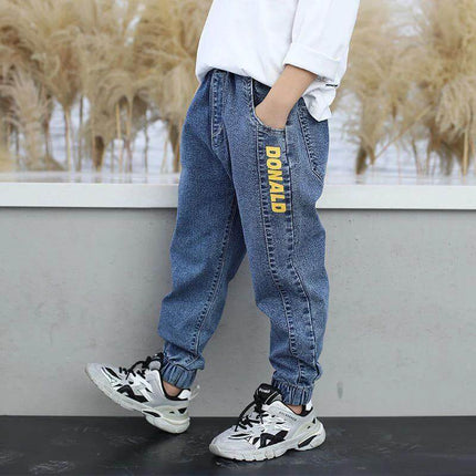 Boys' Jeans Korean Style For Everyday Play And Comfort - durable denim jogger jeans with yellow side print and elastic cuffs for active kids