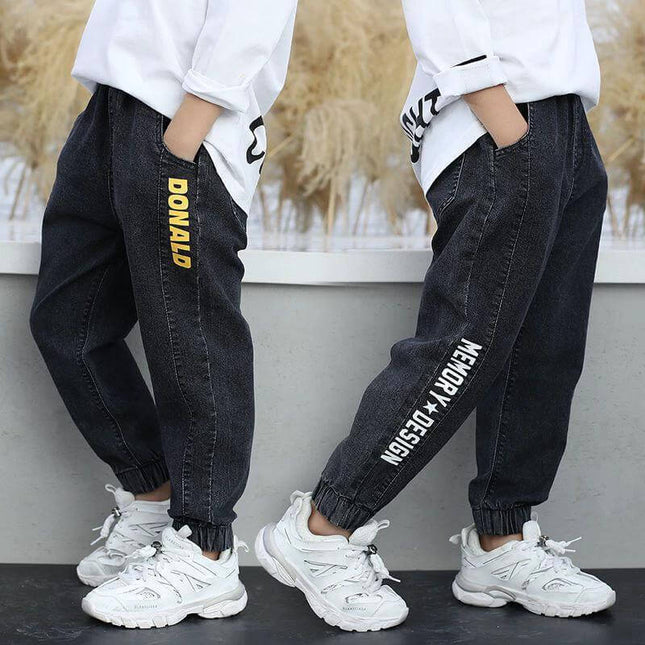 Boys' Jeans Korean Style For Everyday Play And Comfort - black denim jogger fit with side lettering for active kids